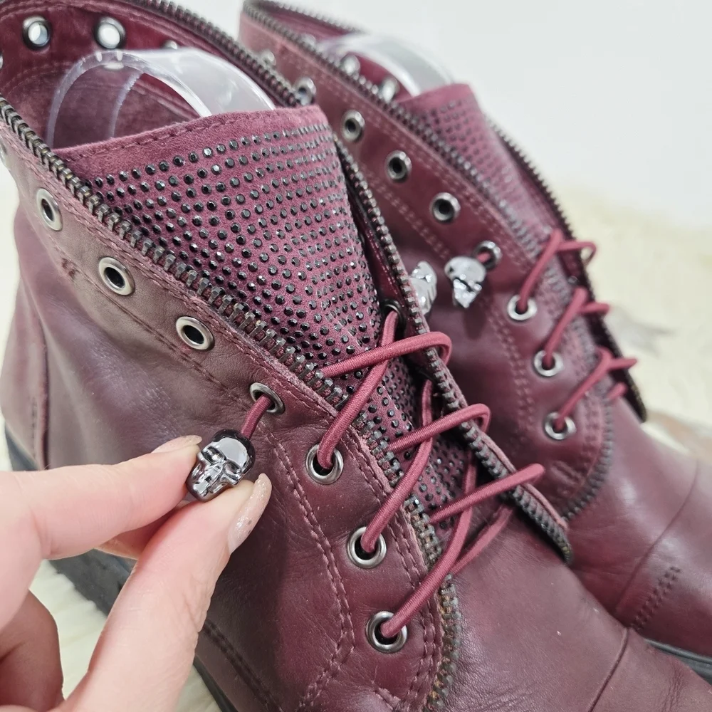Gianni Bini Fire-worx Boots Spiced Wine Red Studded Skull Lace-up Gunmetal Sz 8